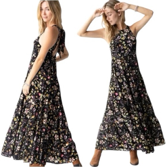 NATURAL LIFE Dresses & Skirts - Natural Life Halle Floral Halter Maxi Dress Black Boho Tiered Large